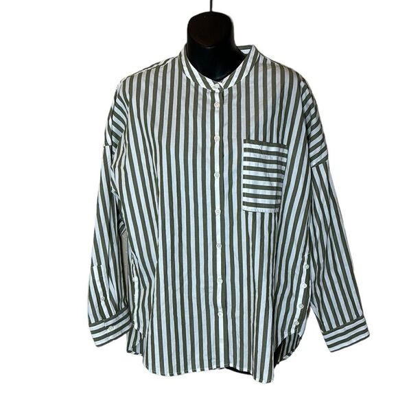 Alex mill womens striped button down hi low long sleeve preppy button sides - Picture 1 of 7